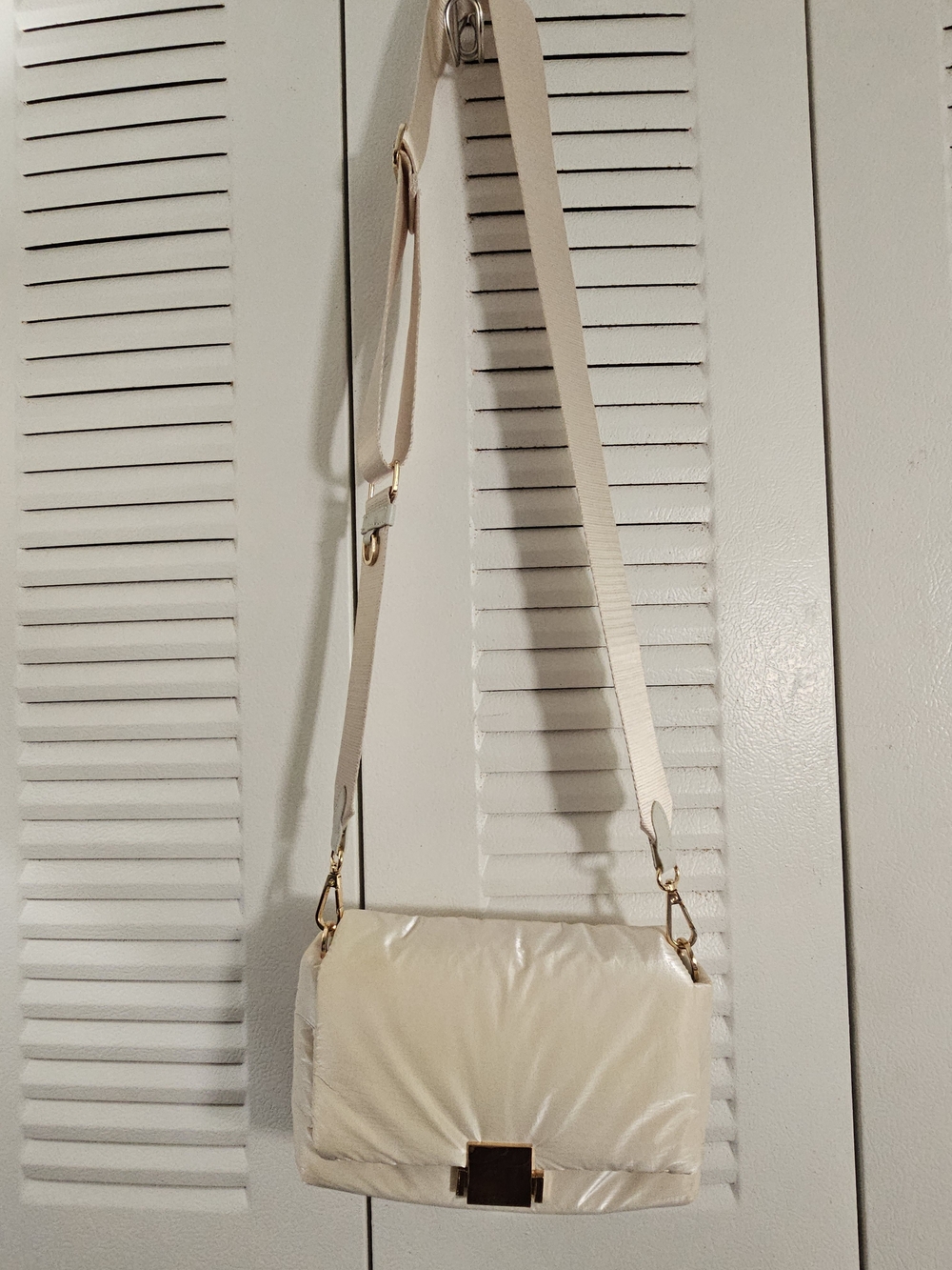 Cream Nylon Pearlescent Crossbody Shoulder Bag with Gold Accent